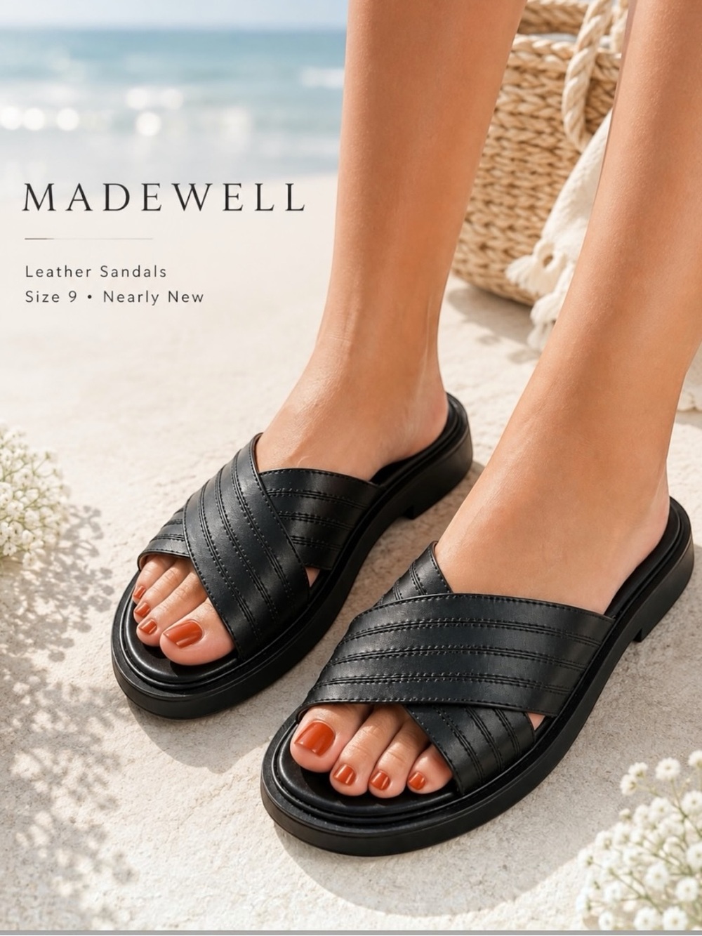Madewell Women’s Size 9 Black Leather Slip-On Slide Sandals 1.25” Heel
